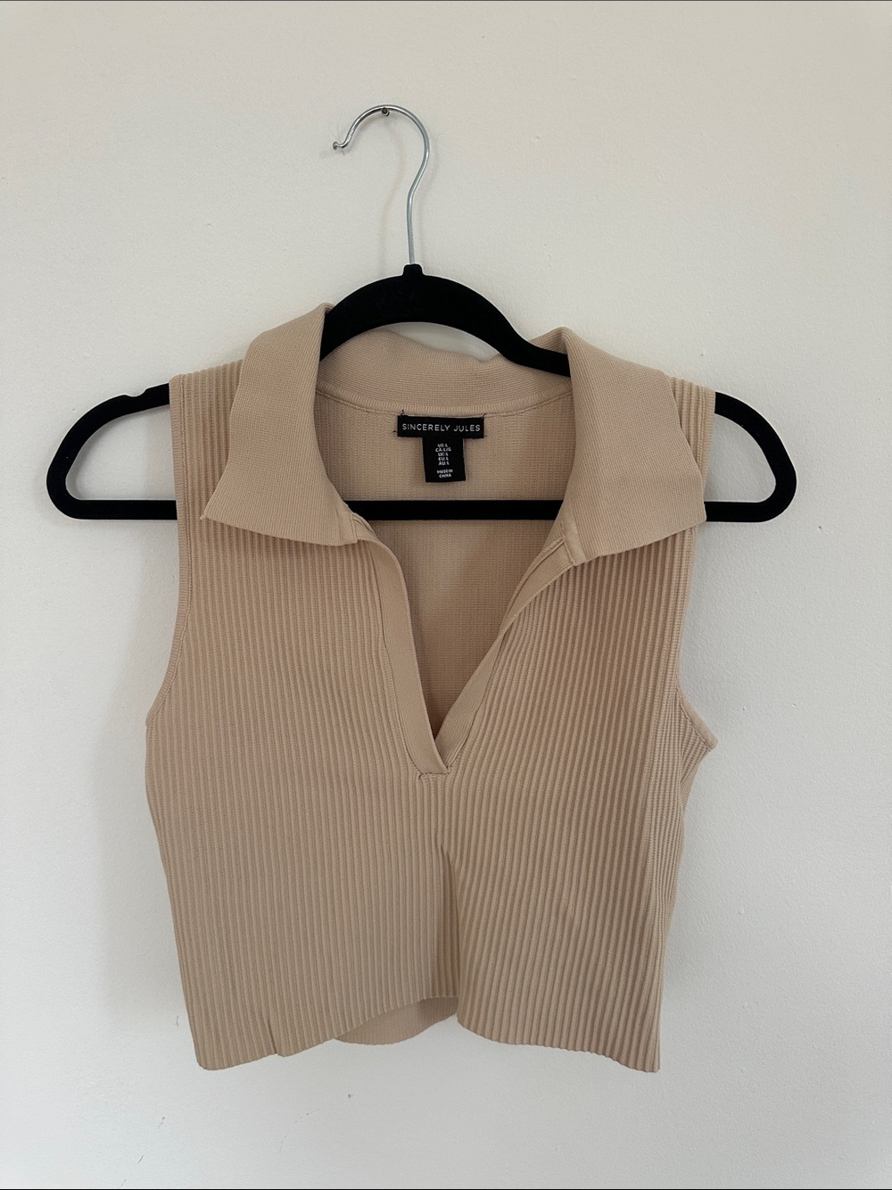 Sincerly Jules Ribbed Collared Sleeveless Tank Top in Beige